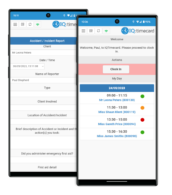 IQ:caremanager carer app - managing risk with RAG status flags and accident form